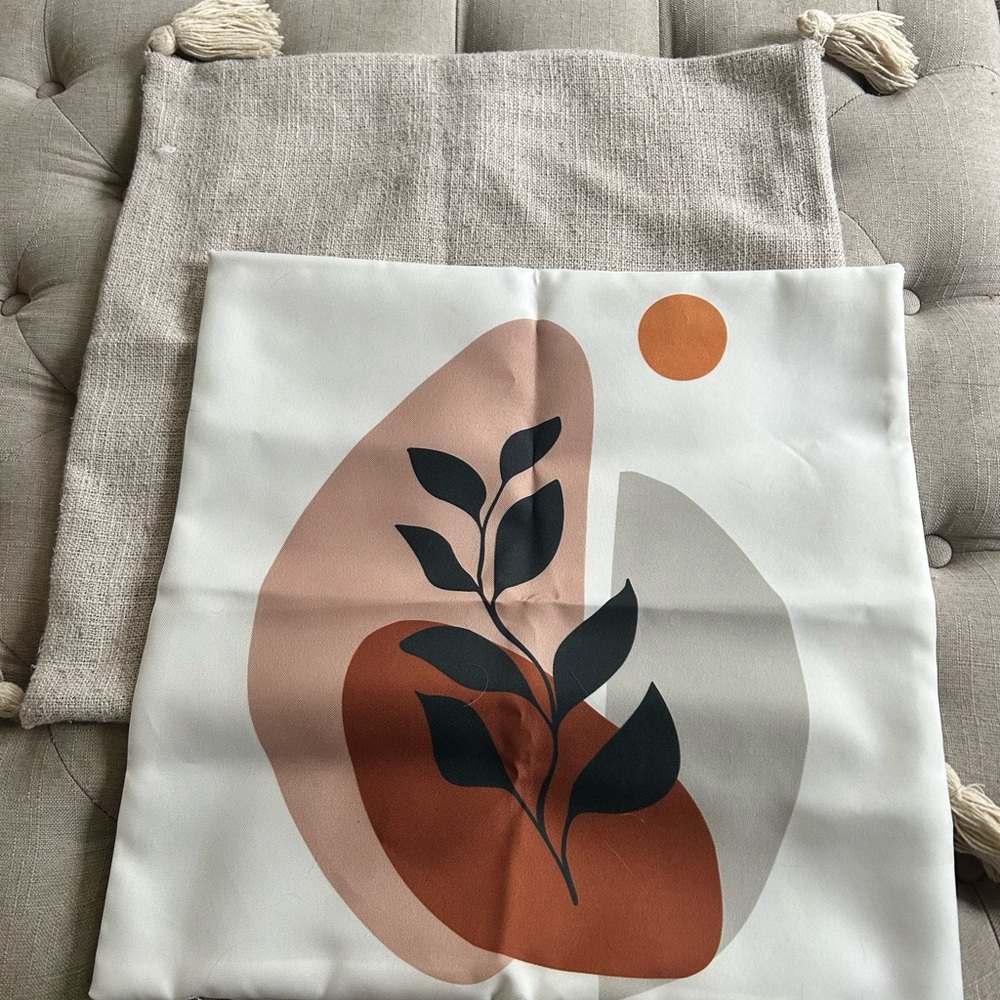 2 Covers | 1 Abstract Botanical Throw Pillow Cover & 1 Plain Linen with Tassels